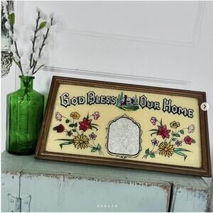Vintage Color Foil God Bless Our Home Reverse Painting Religious Painted Glass